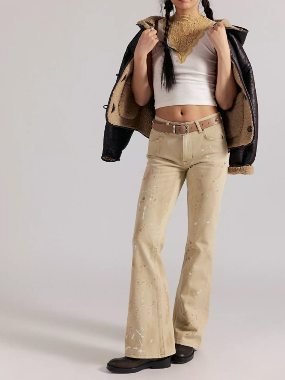 NWT Free People West Coast Relaxed Flare Jeans in Antique Ecru